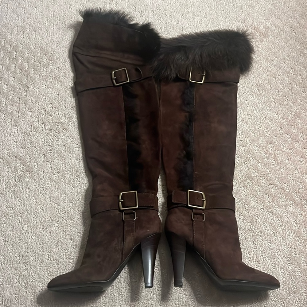 Coach Chestnut Brown "Mazur" Suede and Shearling Over the Knee Boots - Picture 4 of 8